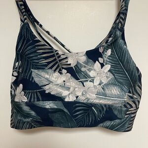 Blue and White Sports Bra with Wide Straps and Tropical Print. Size Small